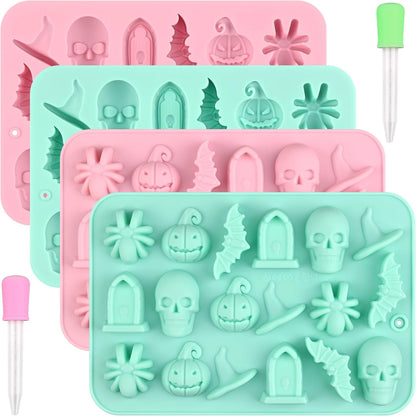 Actvty Halloween Chocolate Silicone Mold, 4 Packs Candy Gummy Molds of 18 Cavity with Skull Pumpkin Ghost Witch Hat Bat Spider Tombstone Shapes for