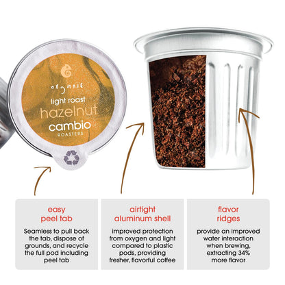 Cambio Roasters Hazelnut Coffee Pods - Recyclable Aluminum Pods, 10ct | Hazelnut Light Roast Organic Coffee in Recyclable Aluminum Coffee Pods. Compatible with Keurig® Brewers.