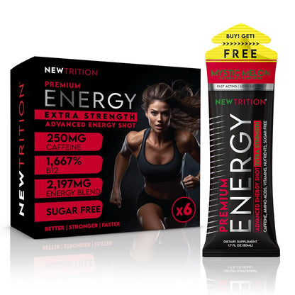 NewTrition® Extra Strength Energy Shots, 250mg Caffeine Energy Shots with Vitamin B & Amino Acids, Sugar-Free Vitamin Energy Shot, 1.7 fl oz (Pack of 6, Mystic Melon)