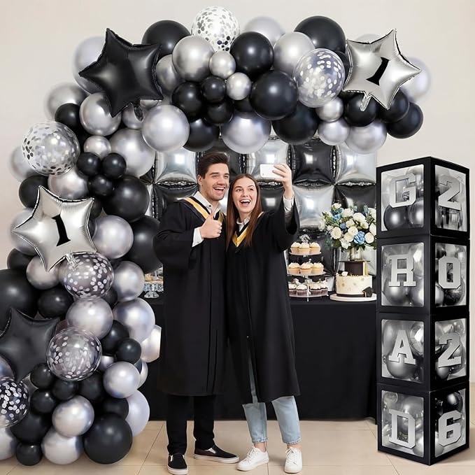 Seenelling 133 Pcs Graduation Decorations 2026 Set Black Sliver Balloons Boxes with Letters 2026 Grad Square Foil Balloons Complete Party Supplies for High School College Celebrations