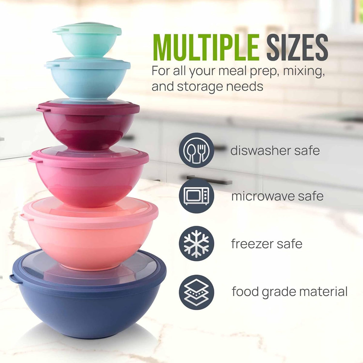 Zulay Kitchen 12 Piece Plastic Mixing Bowls with Leak-Proof Lids Set - Microwave and Freezer Safe Kitchen Mixing Bowls for Preparing