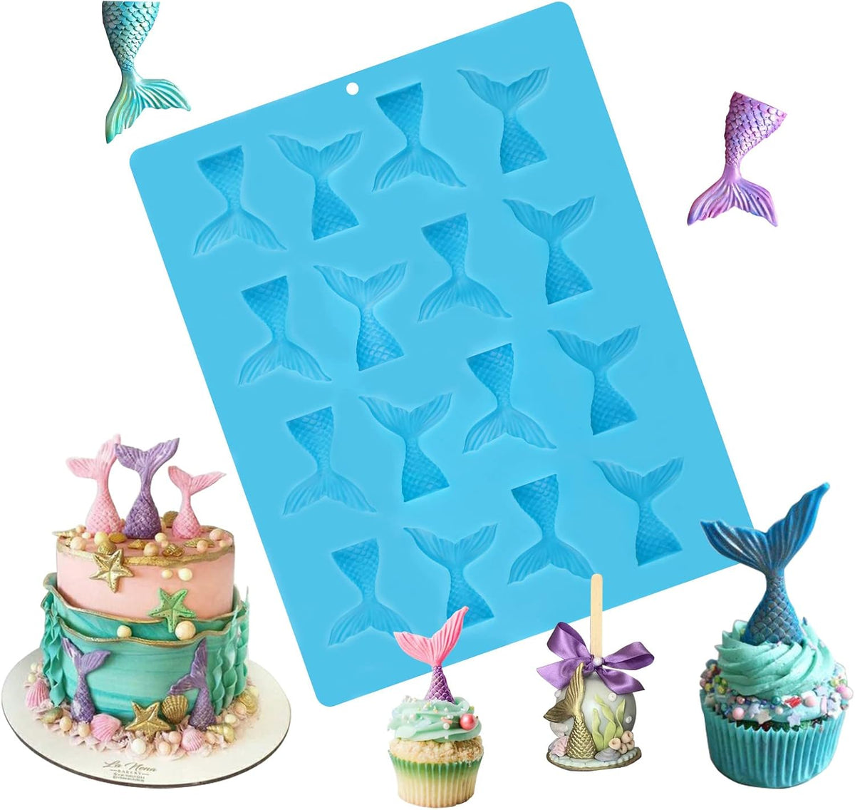 Sakolla 16 Cavity Mermaid Tails Silicone Molds, Mermaid Molds for Chocolate, Fondant, Cake Decoration, Cupcake Toppers, Resin, Soap, Candy, Gumpaste