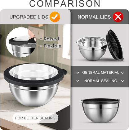 HaWare Mixing Bowls with Airtight Clear Lids, 6-Piece Stainless Steel Strong Nesting Bowls Set, Metal Salad Bowl for Cooking, Prepping, Baking