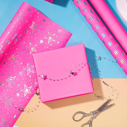 WRAPAHOLIC Pink Girls Wrapping Paper Roll - Mini Roll - 3 Roll - 17 Inch x 120 Inch - Foil Wrapping Paper for Kids Girls Birthday, Baby Shower, Wedding, Bridal Shower