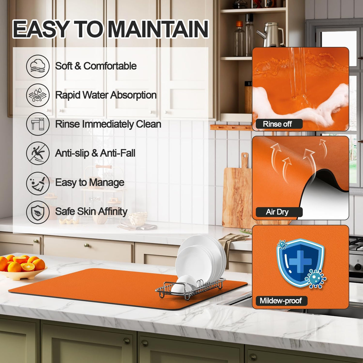 Dish Drying Mat for Kitchen Counter | Coffee Bar Mat for Countertops | Heat Resistant Drainer Mat with Non-slip Rubber Backed | Hide Stain Kitchen Absorbent Draining Mat | Orange 18"x32"