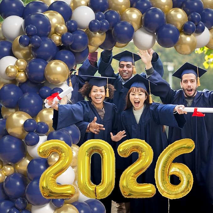 Blue And Gold 2026 Graduation Party Decorations - Graduation Balloon Arch Kit With Blue Gold Graduation Balloons, Congrats Grad Backdrop, 2026 Foil Balloons For High School Graduation Decorations
