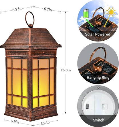 15.5" Solar Lantern Outdoor Waterproof, Glass Flickering Flame Solar Lanterns, Hanging Metal Lantern Decorative for Patio Front Porch Garden Backyard Tabletop Party Decoration