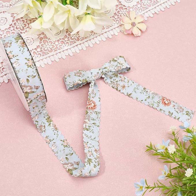 20 Yards Blue Floral Print Ribbon Flower Pattern Ribbon Vintage Spring Polyester Wavy Edge Ribbons Bulk with Spool for Sewing Making Wreath Wedding Crafts Bouquet Birthday Decor Christmas
