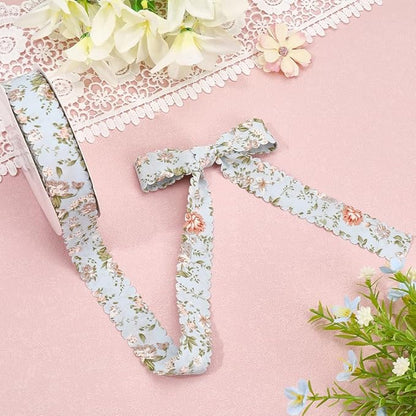 20 Yards Blue Floral Print Ribbon Flower Pattern Ribbon Vintage Spring Polyester Wavy Edge Ribbons Bulk with Spool for Sewing Making Wreath Wedding Crafts Bouquet Birthday Decor Christmas
