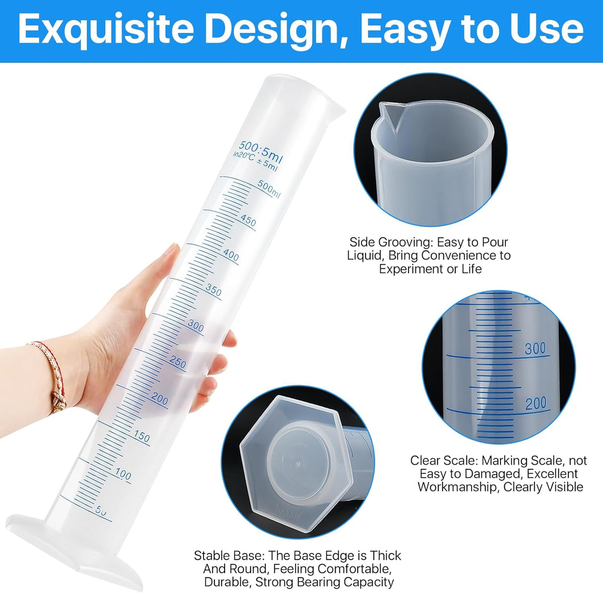 4 Packs 500ml Plastic Graduated Cylinder,Transparent Measuring Cylinder Set with Pour Spout