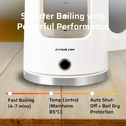 Epsilon 1.7L Glass Electric Kettle – Hot Water Tea Kettle with LED Light, Stainless Steel & Borosilicate Glass, Auto Shut-Off