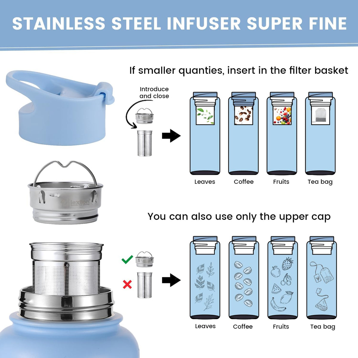 Lexlion 32 Oz Triple Walled Insulated Stainless Steel Fruit Infuser Bottle - Tea Infuser Water Bottle with 3 Lids, Silicone Sleeve, Leakproof