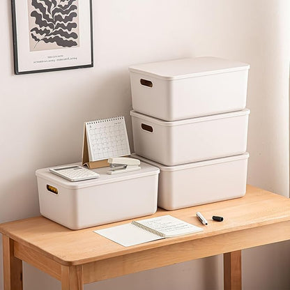 Plastic Storage Bins with Lid, White Stackable Storage Basket Organizer Box, Sturdy Containers Organizing Lidded Bins for Shelves, Cabinet, Desk, Pantry, Bedroom, Book, Toys (gray, 6L+2M)