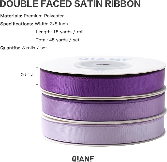 QIANF Purple Double Face Satin Ribbon 3/8 Inch x 45 Yards Lavender Fabric Ribbon for Gift Wrapping, Flower Bouquets, Hair Bows Making, Wedding Decoration, Invitation Cards, Christmas (3 Rolls *15Yd)