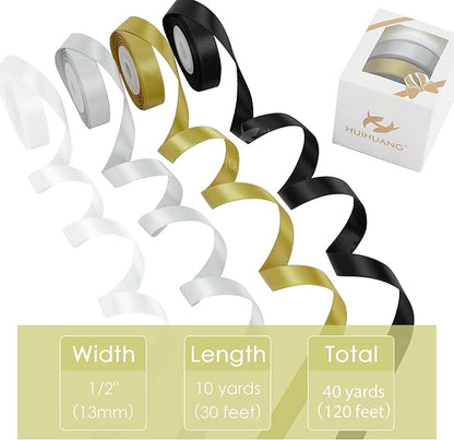 HUIHUANG Black and White Satin Ribbon 1/2 inch x 4 Rolls White/Black/Silver/Gold Ribbon for Gift Wrapping DIY Crafts Hairs Flower Bouquets Wedding Decoration- Total 40 Yards