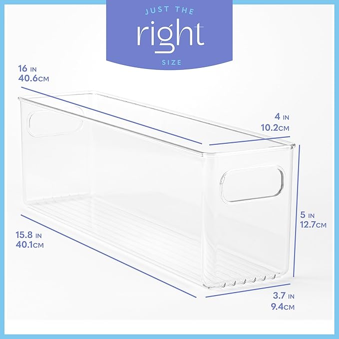Plastic Food Storage 6 Pack Clear Container Bin with Handles for Organizing Kitchen, Pantry, Fridge, Freezer, Pantry,Bathroom. 16"x4"x5"