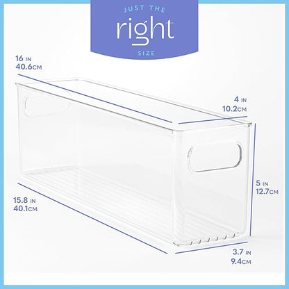 Plastic Food Storage 6 Pack Clear Container Bin with Handles for Organizing Kitchen, Pantry, Fridge, Freezer, Pantry,Bathroom. 16"x4"x5"