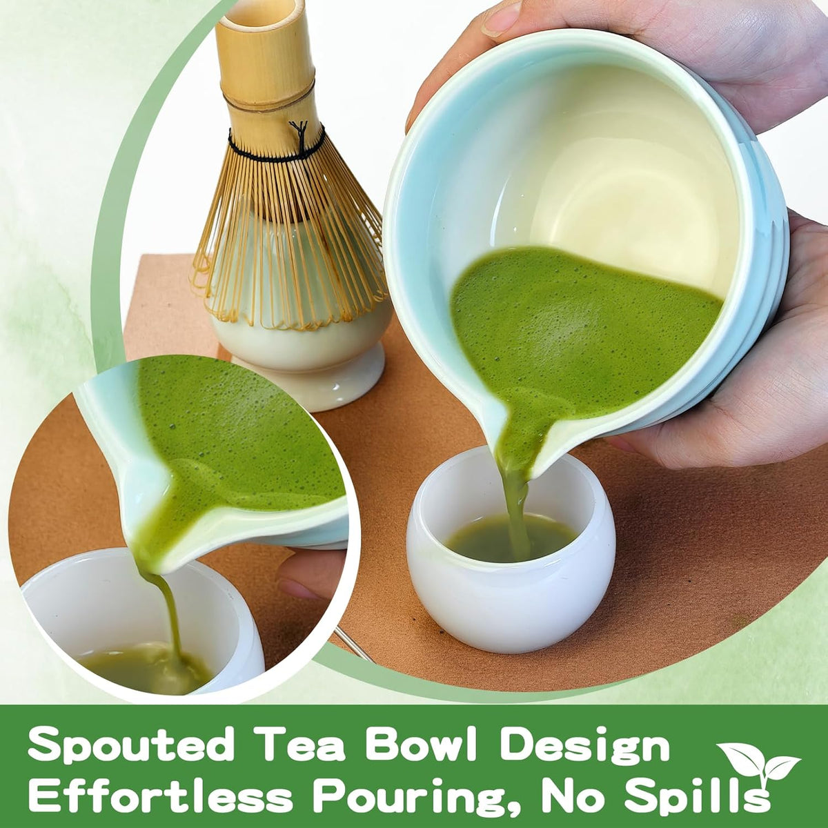 Matcha Whisk Set, 7 Pcs Ceramic Matcha Kit, Matcha Bowl with Spout, Matcha Whisk, Holder, Stainless Sifter, Bamboo Scoop and Tea Towel