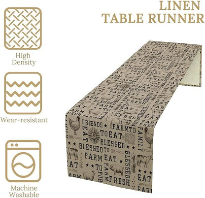 Farmhouse Animal Table Runner, Vintage Country Cow Chicken Sheep Pig Rustic Western Windmill Print Table Runner for Home Dining Kitchen Table Indoors Outdoors Party, 13x36inch