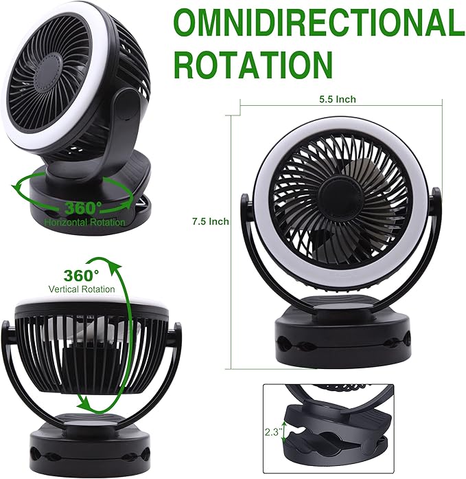 Rechargeable RV Cooling Fan Light, 4-Speed Portable Desk Fan, Dia: 5.5inch, Rotatable Clip-On & Wall-Mount Fan for Home Office RV Travel, 5000mAh Battery