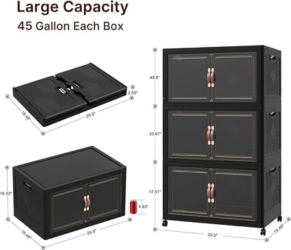UAMFURI Stackable Storage Bins with Lids, 540QT Lockable Storage Cabinet, Foldable Storage Box with Doors and Wheels, Plastic Drawers for Home, Garage, Office (3, Black, Extra Large)