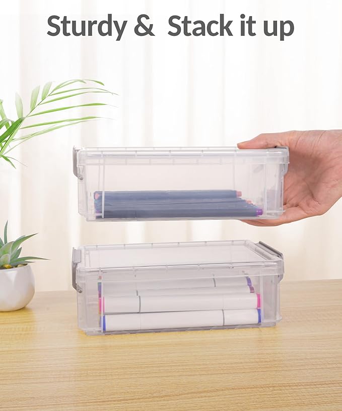 Sooez 6 Pack Extra Large Pencil Box, Plastic Hard Pencil Case Crayon Box Bulk, Clear Marker Organizer Plastic Containers with Lid, Stackable Storage Boxes for Art Craft, Back to School Supplies, Multi