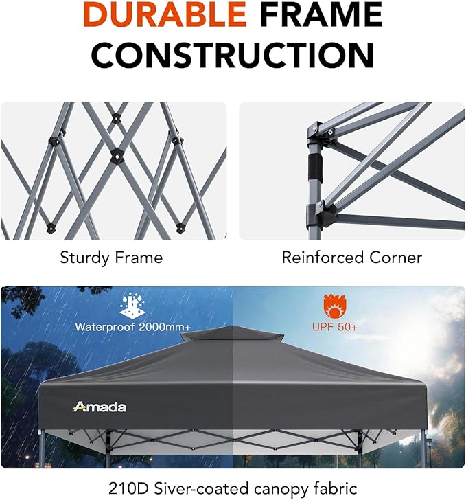 Amada 10x10 Pop Up Canopy - Center Lock One Push Instant Setup Wheeled Gazebo Outdoor Canopy Beach Tent with STO-N-Go Bag 8 Stakes & 4 Sand Bags, 3-Height Adjustable Shade Shelter (10x10ft, Grey)