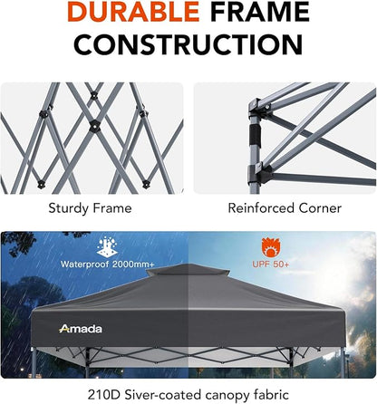 Amada 10x10 Pop Up Canopy - Center Lock One Push Instant Setup Wheeled Gazebo Outdoor Canopy Beach Tent with STO-N-Go Bag 8 Stakes & 4 Sand Bags, 3-Height Adjustable Shade Shelter (10x10ft, Grey)