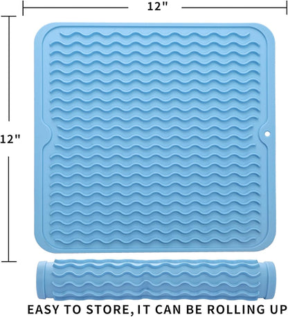 Silicone Dish Drying Mat for Multiple Usage,Easy clean,Eco-friendly,Heat-resistant Silicone Mat for Kitchen Counter or Sink,Refrigerator or Drawer liner Light Blue M 12 inches x 12 inches
