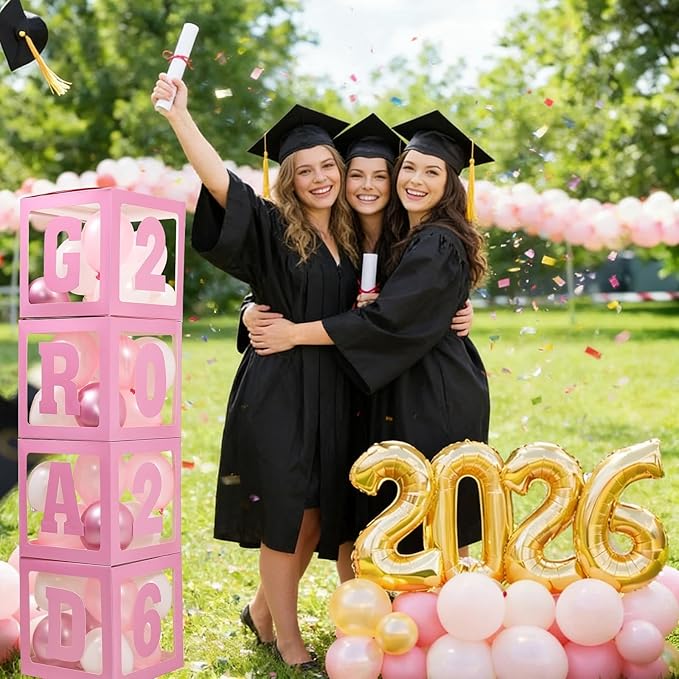 2026 Graduation Decorations - 4Pcs Pink Balloon Boxes with Letters 2026&Grad for Preschool Kindergarten Middle High School College Graduation Party Decorations Class of 2026