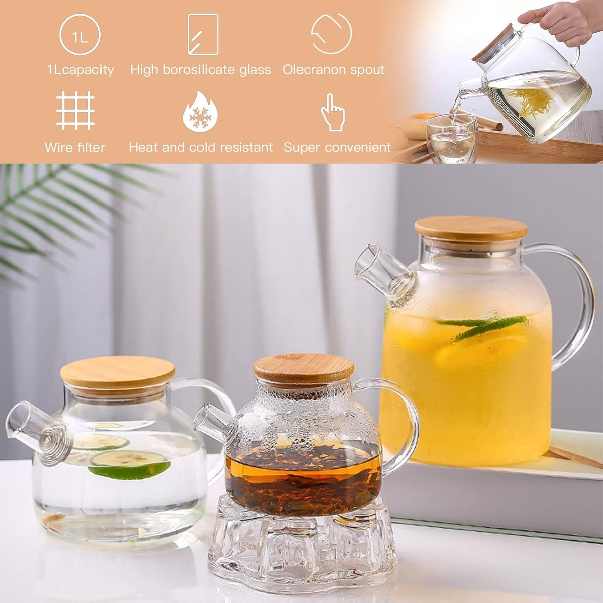 Glass Teapot 34oz/1000ml, Stovetop & Microwave Safe Borosilicate Tea Pot,Clear Teapot with Strainer