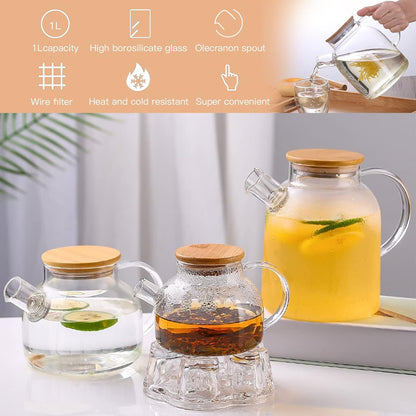 Glass Teapot 34oz/1000ml, Stovetop & Microwave Safe Borosilicate Tea Pot,Clear Teapot with Strainer