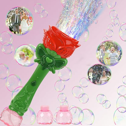 Bubble Wand Wedding Electric Bubble Maker Machine,Blingbrione 10 Holes Auto Bubble Blower Flower Rose Light-up Handheld for 3-16 Kids Girls Adults.Bubble for Party Outdoor, 2 Bubble Solution.