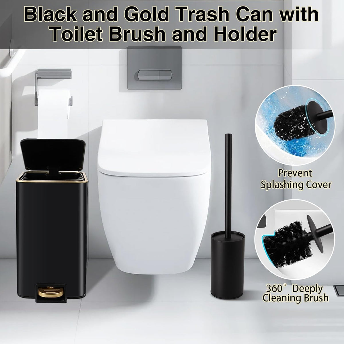 Small Bathroom Trash Can with Lid Soft Close, 1.8 Gallon Stainless Steel Garbage Can with Removable Inner Bucket,Black Toilet Brush,75Count Trash Bags, Slim Step Pedal Trash Bins