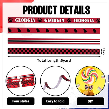 4 PCS Georgia Ribbons for Crafting, 3/8" Width Red Black Plaid Stripes Grosgrain Ribbons Map Paws Craft Ribbons for Gift Wrapping DIY Sports Birthday Decorations-10 Yards