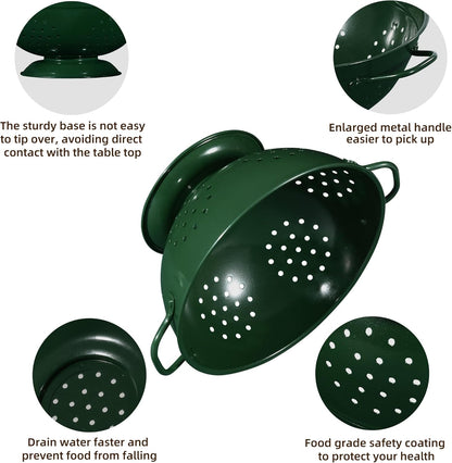 Metal Colander Set of 3, Strainer Basket with Handles perfect for Spaghetti, Pasta, Berry, Vegetable, Fruit, Solid Base Powder Coated Kitchen Essential Strainer Set, 1 & 3.5 & 5 Qt (Dark Green)
