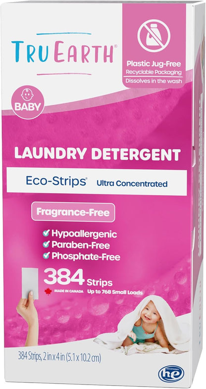 Tru Earth Hypoallergenic Baby Laundry Detergent Sheets/Strips for Sensitive Skin, 384 Count, Up to 768 Loads: Fragrance Free Baby Detergent Laundry Newborn, Children