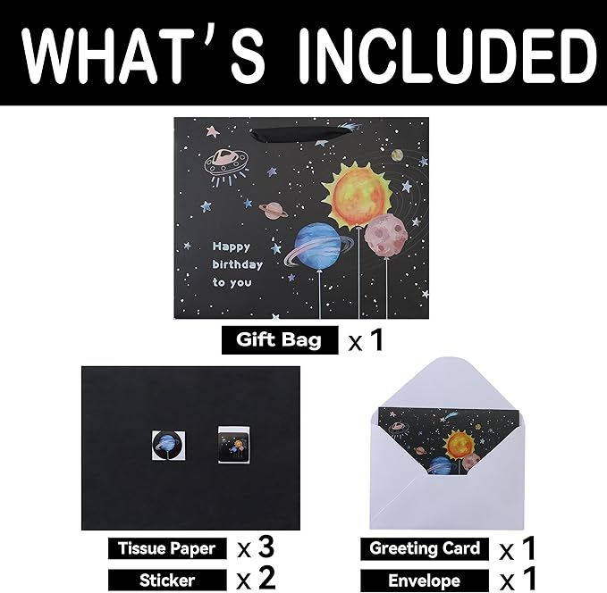 Qirrmiy 13” Large Space Birthday Gift Bag Set with Handles, Greeting Card, Black Tissue Papers and Stickers for Boys Teens for Baby Child, Kids‘ Birthday Party, Newborn, 1 Pcs