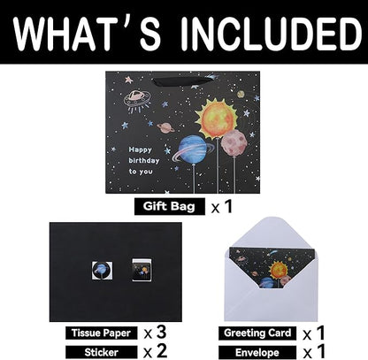 Qirrmiy 13” Large Space Birthday Gift Bag Set with Handles, Greeting Card, Black Tissue Papers and Stickers for Boys Teens for Baby Child, Kids‘ Birthday Party, Newborn, 1 Pcs