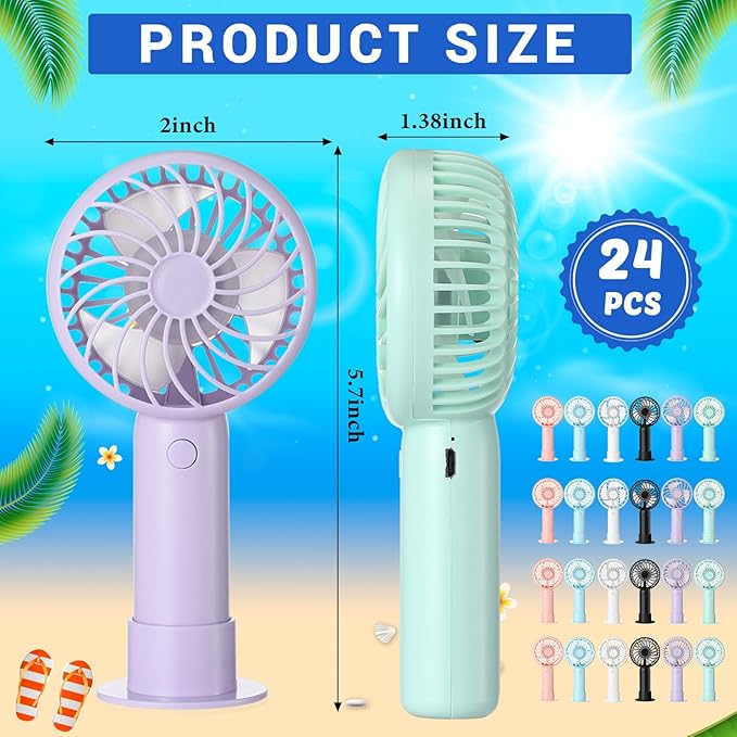 Tujoe 24 Pcs Mini Powerful Handheld Fan 3 Speed Personal Small Portable Rechargeable Fan with Base USB for Women Eyelash Makeup Office Travel Beach Indoor Outdoor (Colorful)
