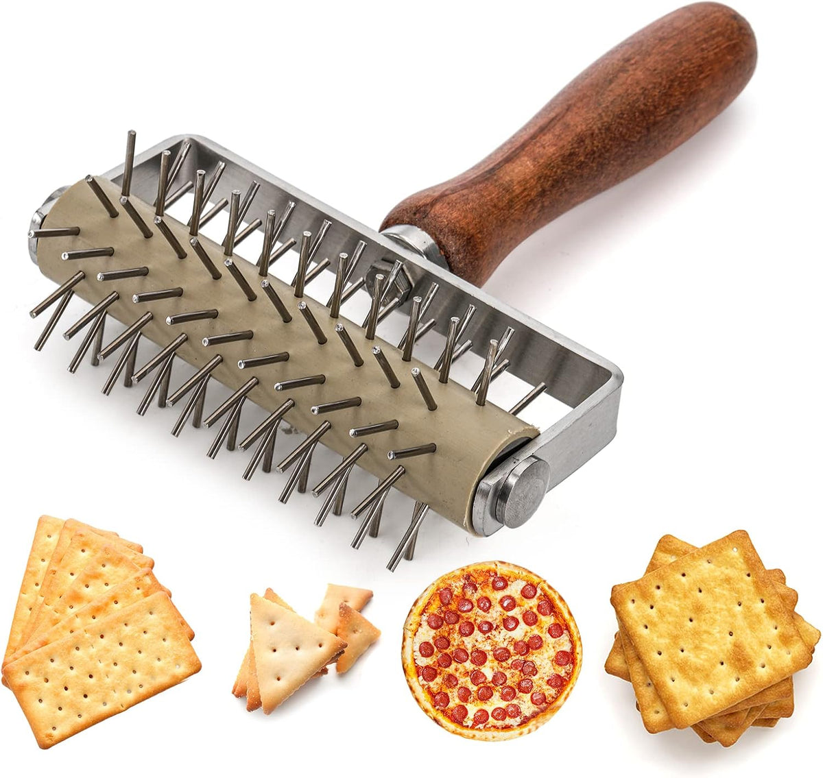 Hiceeden Set of 2 Pizza Dough Roller & Dough Docker, Stainless Steel Dough Hole Maker Puncher Wooden Rolling Pin for Pizza, Cookie, Pie, Pastry