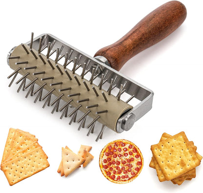 Hiceeden Set of 2 Pizza Dough Roller & Dough Docker, Stainless Steel Dough Hole Maker Puncher Wooden Rolling Pin for Pizza, Cookie, Pie, Pastry