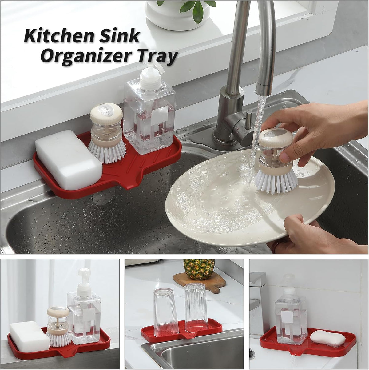 Silicone Bathroom Soap Dishes with Drain Spout-Bathroom and Kitchen Sink Organizer,Sponge Holder,Dish Soap Tray,Perfect for Dispenser,Scrubber,Bottle,Cup on Sink or Counter-Red 9.6"×5.3"