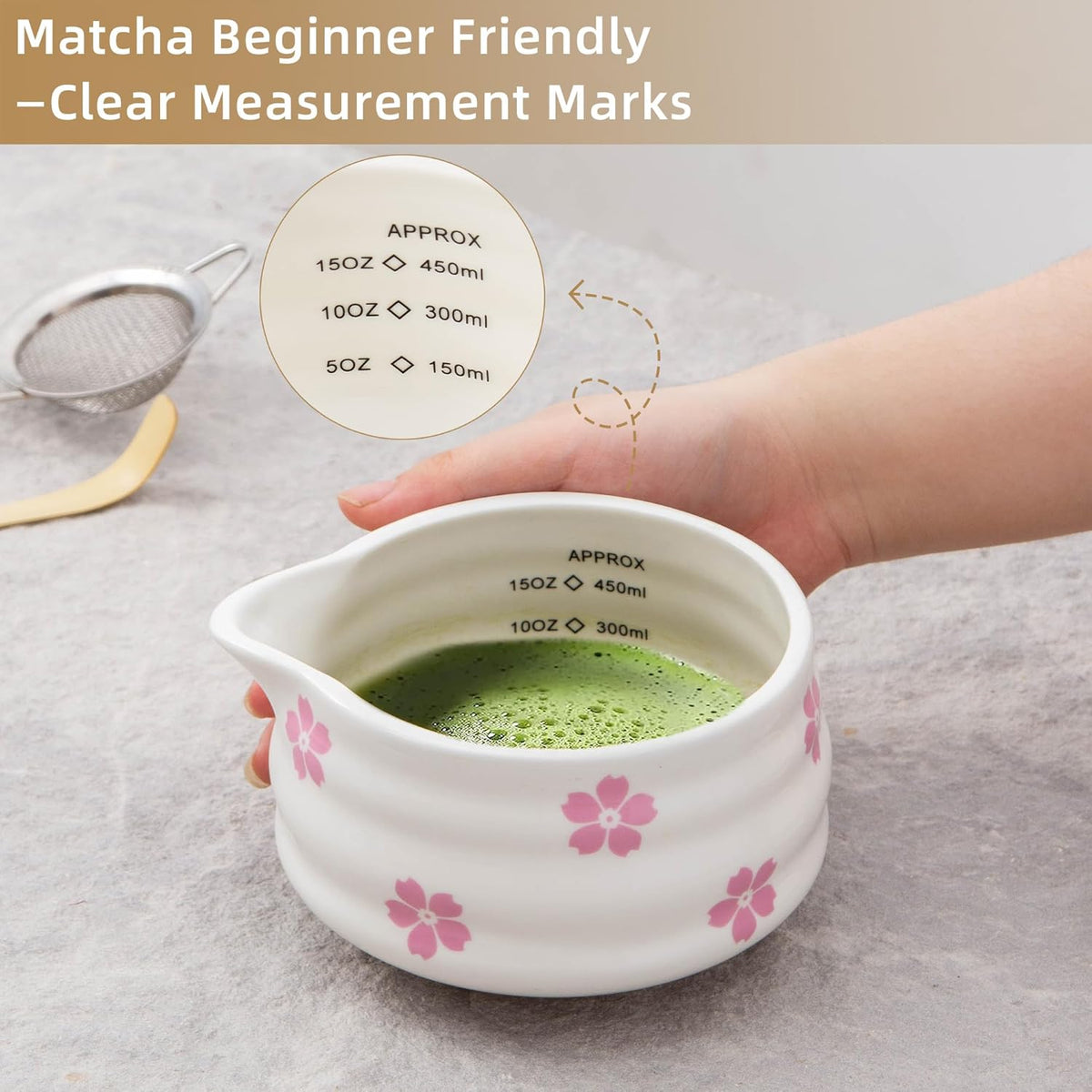 2pcs Matcha Bowl with Whisk Holder, Ceramic Cherry Blossom Matcha Bowl with Spout, 16.5OZ Porcelain Bowl with Measurement Marks