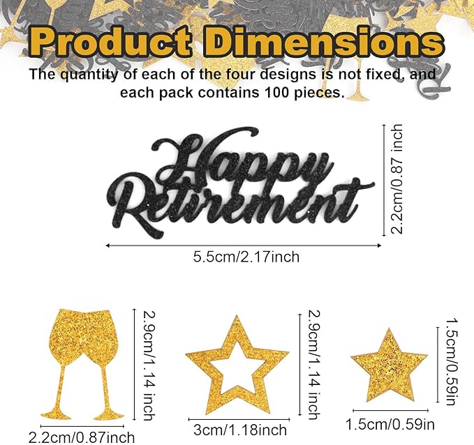 200pcs Happy Retirement Confetti, Black & Gold Table Confetti for Retirement Party Decorations Glitter Star Table Scatter for Office Farewell Party Celebration Decor Men Gifts Cake Centerpieces