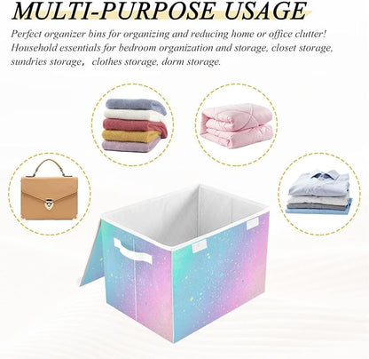 Large Collapsible Storage Bins with Lids, Unicorn Background with Rainbow Storage Baskets Organizer Containers with Handles for Clothes