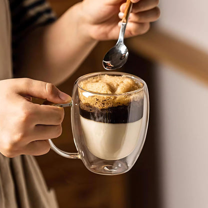 12 Ounces Set of 2 Double Walled Glass Coffee Mugs with Handle Insulated Layer Coffee Cups Borosilicate Glass Espresso Double Insulated Clear Glass
