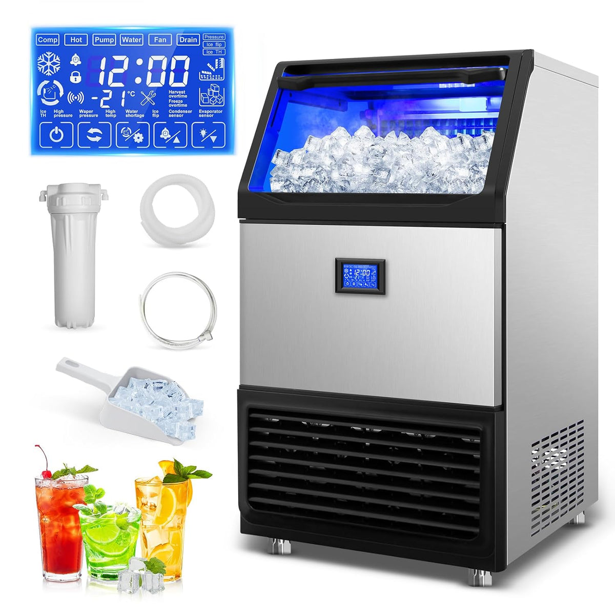 Ice Machine Commercial Ice Maker Machine, 450 Lbs /24H, 200 lbs Bin, Under Counter Built-in or Freestanding, Stainless Steel Household Use, Restaurant Bar Kitchen Cafe