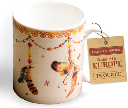 Maison d' Hermine Coffee Mug with Handles Fine Bone China Mugs Pack of One Tea Cups for Hot Beverages Cappuccino Latte Home Restaurant Office Perfect for Gift (Ibiza - Beige - Feather, 15 Ounce)