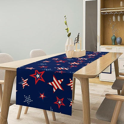 4th of July Patriotic Table Runner, Memorial Day Independence Day Freedom Stars Table Runner for Indoor Kitchen Dining Outdoor Holiday Party 13x36in